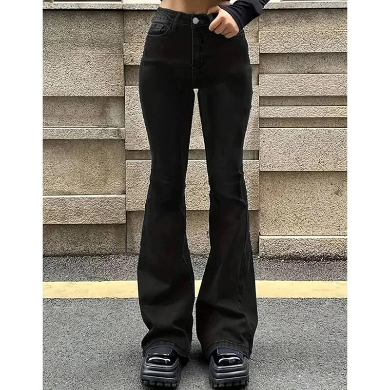 Stretch bootcut high waist flared jeans blak denim FTF Market UK