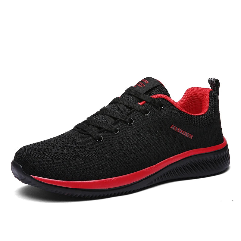 Black and red athletic shoe on a white background. Men’s breathable running sneakers with mesh lining, PU insole, EVA outsole, lightweight casual sports shoes, perfect for jogging and walking.