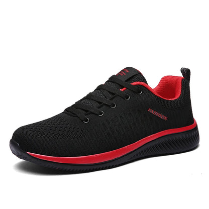 Black and red athletic shoe on a white background. Men’s breathable running sneakers with mesh lining, PU insole, EVA outsole, lightweight casual sports shoes, perfect for jogging and walking.