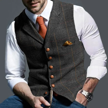 Collection of stylish men's vests ranging from slim-fit to oversized, casual to formal, in various materials and patterns