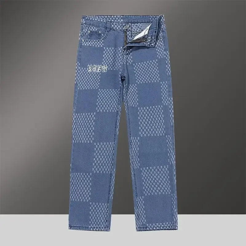 Blue checkered jeans with a brand logo on a gray background