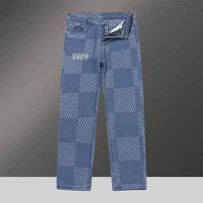 Blue checkered jeans with a brand logo on a gray background