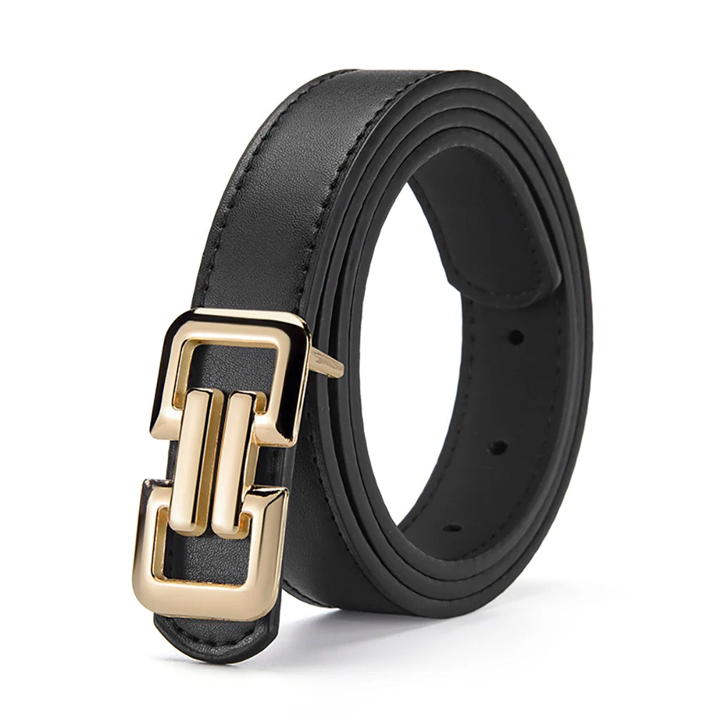 Slim PU leather belt women UK — black smooth buckle — FTF Market