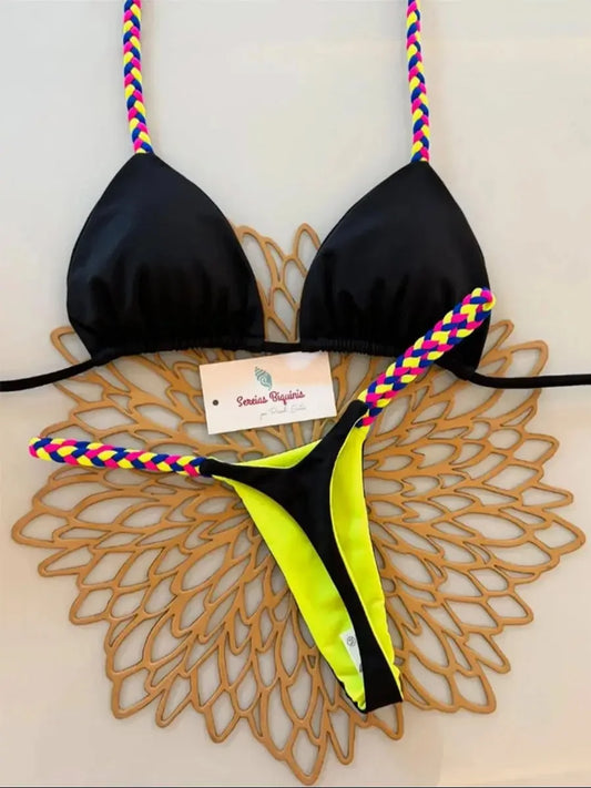 Black yellow micro bikini set halter triangle top Brazilian thong — women swimwear FTF Market