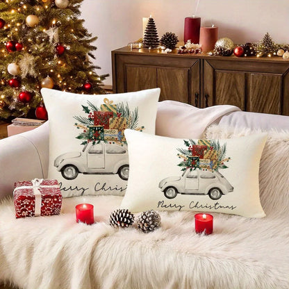Decorative pillows with Christmas designs on a couch next to a Christmas tree. Car Christmas pillowcase, festive cushion cover, Merry Christmas print. Soft peachskin, sofa/bed decor. Holiday home accent UK.