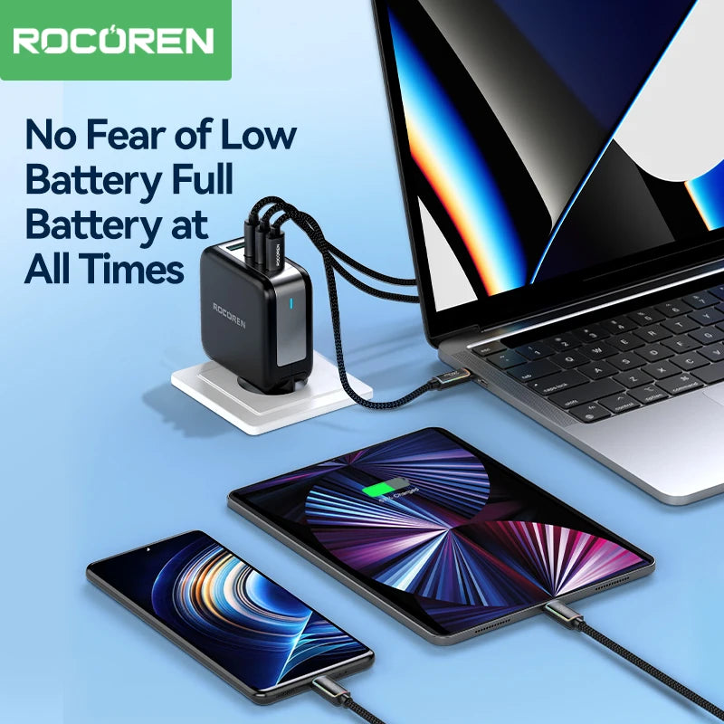 Laptop, tablet, and smartphone being charged by a ROCUREN charger on a blue background. 240W RGB USB-C fast charging cable with LED indicator. CE, FCC, RoHS certified. Durable Type-C connectors. Max 5A current. Fast UK shipping.