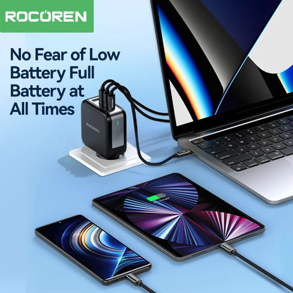 Laptop, tablet, and smartphone being charged by a ROCUREN charger on a blue background. 240W RGB USB-C fast charging cable with LED indicator. CE, FCC, RoHS certified. Durable Type-C connectors. Max 5A current. Fast UK shipping.