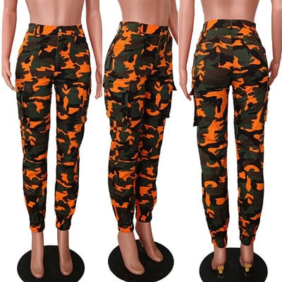 Orange Harajuku Y2K camo cargo pants women stretch FTF Market UK
