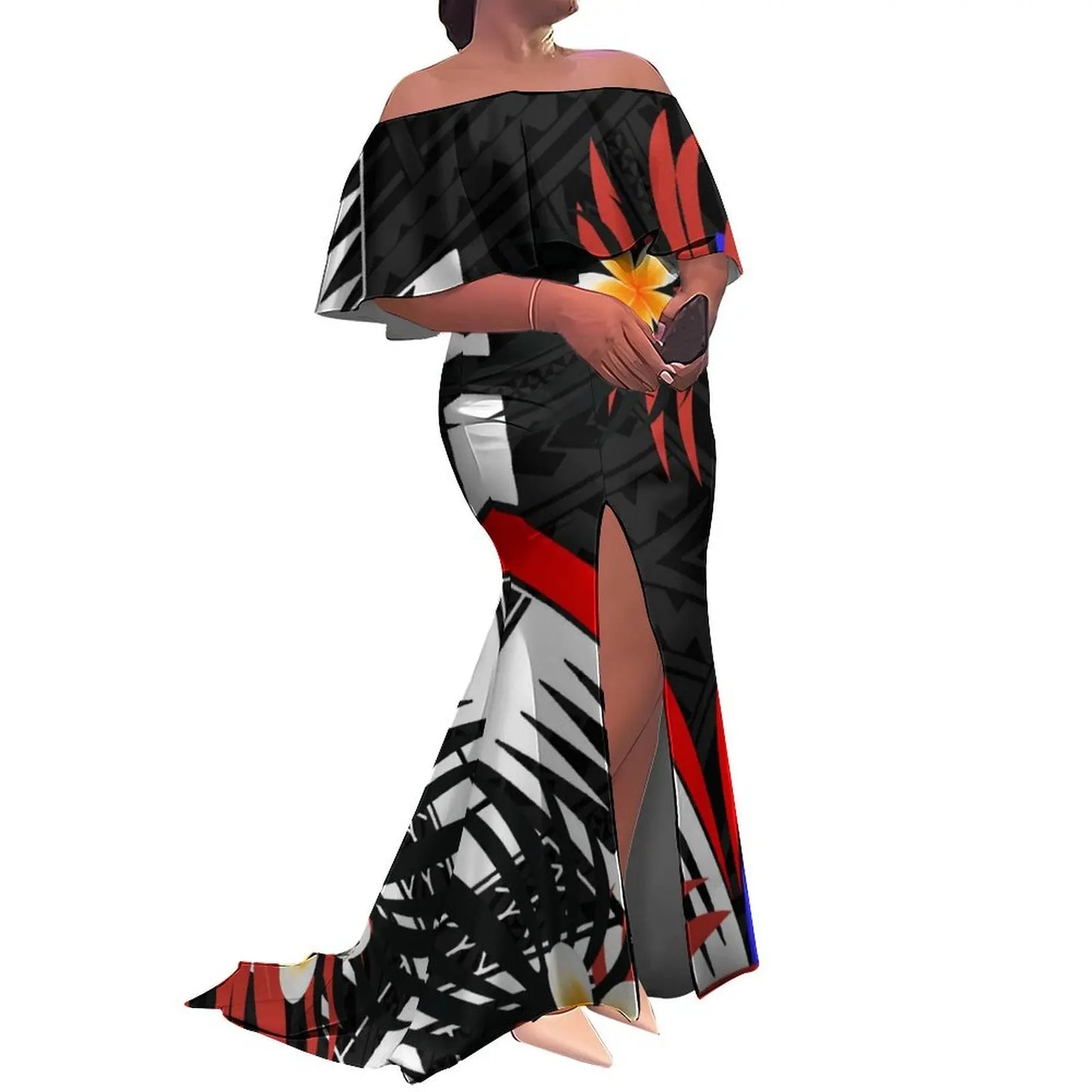 Woman wearing a black and white patterned dress with a red accent on a white background