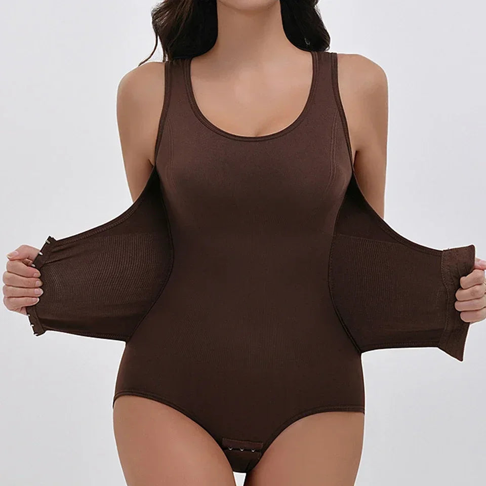 Brown bodysuit worn by a model on a white background. Women’s slimming bodysuit shapewear with zipper belt. Medium control, wire-free, seamless design with polyester/spandex fabric for all-day comfort.