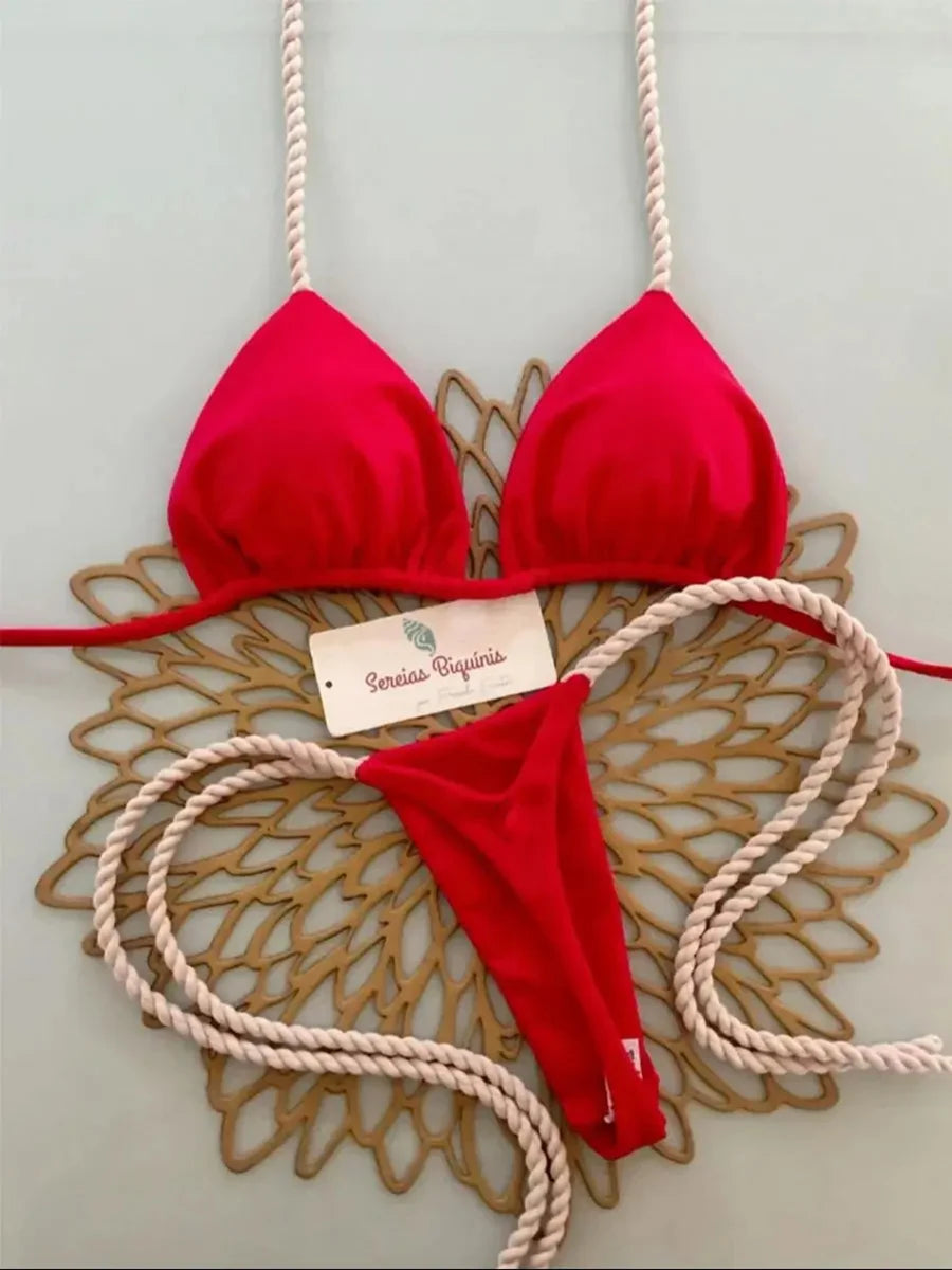 Red micro bikini set halter top Brazilian thong — sexy beach swimwear women S M L