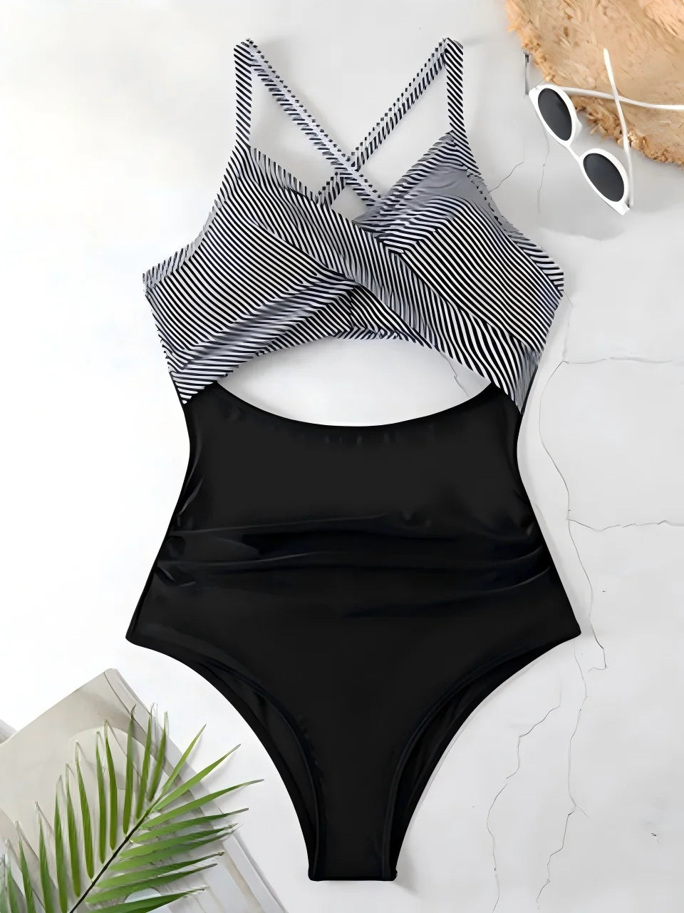 Grey cross-back one-piece swimsuit back view — ruched women swimwear FTF Market UK