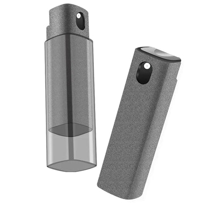 Two gray textured containers on a white background. 4in1 microfiber screen cleaner spray with cloth for phones, tablets, computers, glasses. Portable, streak-free, safe for all screens, UK FTF Market.