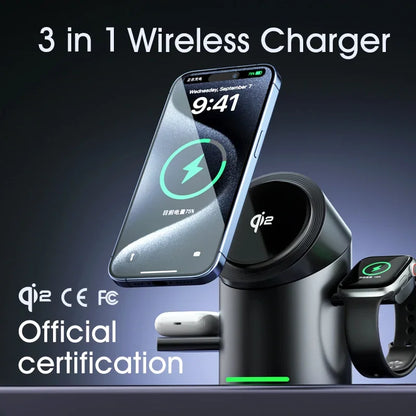 3-in-1 wireless charger with smartphone, watch, and earbuds on a dark background. Qi2 3-in-1 Magsafe charger with 15W fast charging for iPhone, AirPods, Apple Watch. Magnetic, USB-C, intelligent FOD detection, UK shipping.