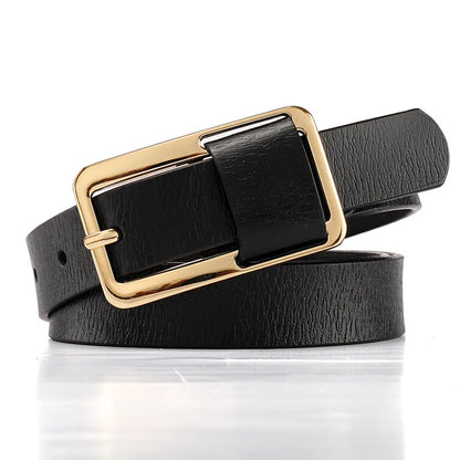 Black leather belt with a gold buckle on a white background. Women’s wide leather belt with cinched design and metal buckle. Enhances waistline for shirts, dresses, suits. Trendy, durable, UK fashion accessory.