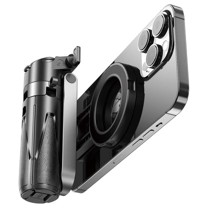 Phone case with unique design on a white background. Compact magnetic phone tripod with wireless remote grip for MagSafe iPhone and Android. Lightweight, extendable selfie stick tripod for perfect shots.