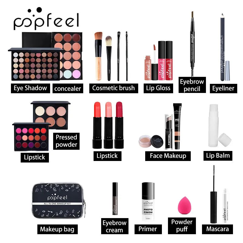 Collection of makeup products with labels and the brand 'popfeel' at the top. POPFEL all-in-one makeup kit with eyeshadow, eyeliner, eyebrow pencil, lip gloss. Full set for women’s flawless face makeup.