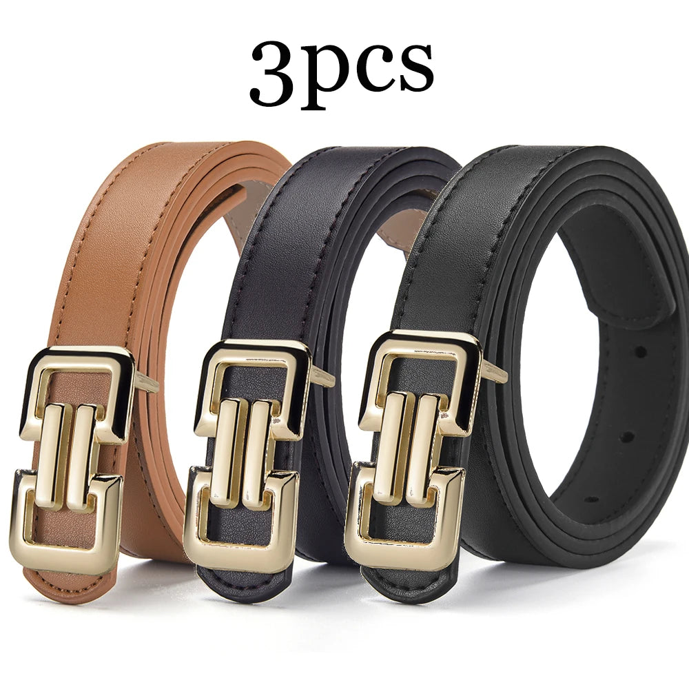 Slim PU leather belt women UK — brown black black 3-pack smooth buckle — FTF Market
