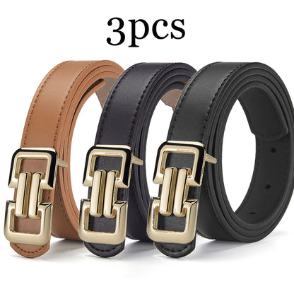 Slim PU leather belt women UK — brown black black 3-pack smooth buckle — FTF Market