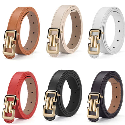 Set of six leather belts in different colors with gold buckles on a white background