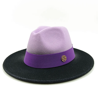 Purple and black hat with a logo on a white background. Unisex double fedora hat, dual color gradient tie-dye, casual jazz style, cotton-polyester mix, suitable for outdoor autumn and spring.