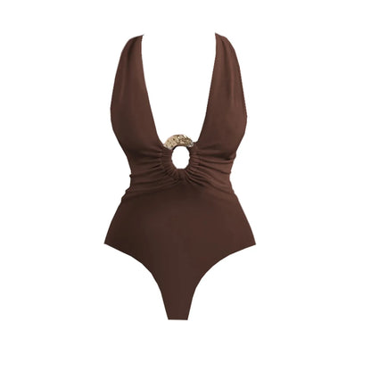 Brown swimsuit with a unique design on a white background. Women’s 2-piece deep V swimsuit with long skirt, adjustable straps, solid color, beachwear, comfortable polyester/spandex fabric, flattering fit.