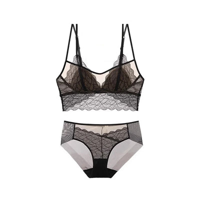 Black sheer lace bra and brief set — wire-free silk lined lingerie women UK