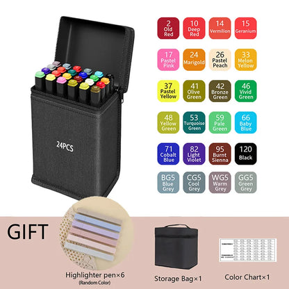 Set of 24 colored markers in a black case with color chart and additional items on a beige background. Pro Dual-Tip Alcohol Markers Set featuring fine and chisel tips, vibrant streak-free ink, ergonomic design for artists’ coloring and sketching projects UK.