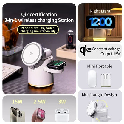 3-in-1 wireless charging station with Qi2 certification, night light feature, and various specifications. 4-in-1 Qi wireless charger dock with night light for iPhone 16, 15, 14 Pro Max, AirPods Pro, Apple Watch. Fast, foldable, magnetic charging stand.