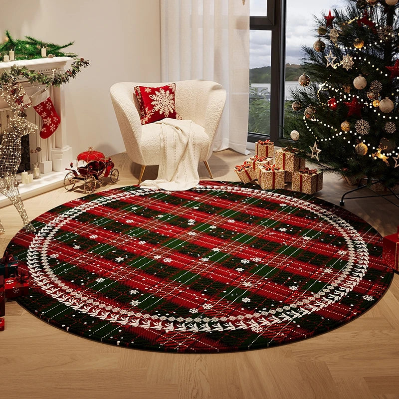 Round Christmas-themed rug in a living room with festive decorations. Round plush red carpet, soft and thick. Machine-woven, washable, ideal for living room, bedroom, cloakroom. Modern style UK home décor.
