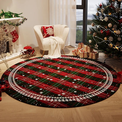 Round Christmas-themed rug in a living room with festive decorations. Round plush red carpet, soft and thick. Machine-woven, washable, ideal for living room, bedroom, cloakroom. Modern style UK home décor.