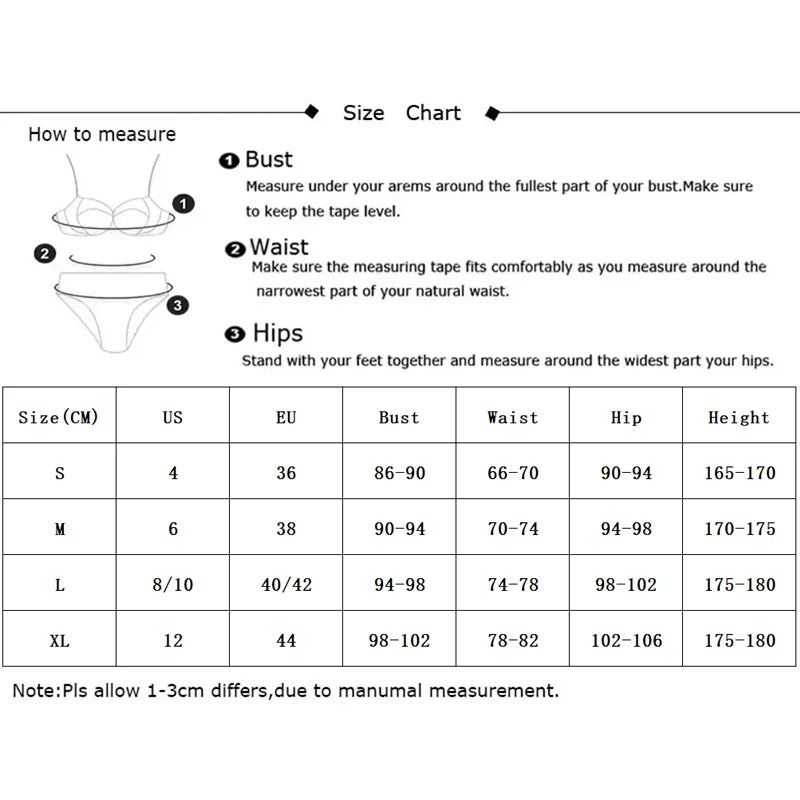 Size chart for women's clothing with measurements in centimeters, US, EU, bust, waist, hips, and height.
