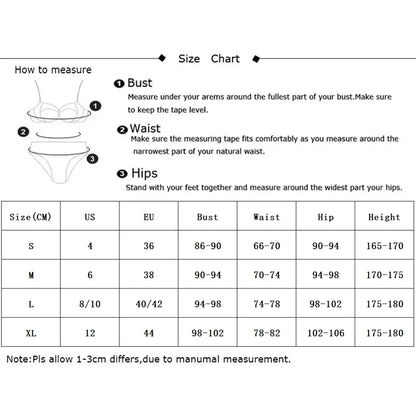 Size chart for women's clothing with measurements in centimeters, US, EU, bust, waist, hips, and height.