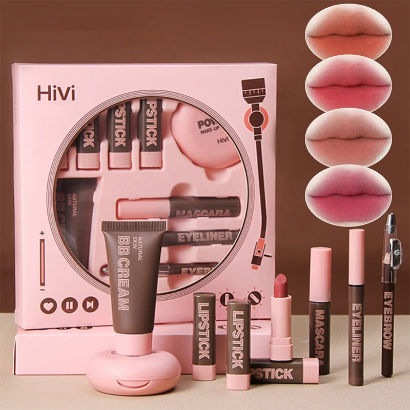 Makeup set with Hivi packaging, including lipsticks, BB cream, and mascara on a brown background. HiVi makeup gift box with limited edition lipstick, setting powder, and eyeliner. Perfect romantic gift for women. Safe, elegant, lasting wear.