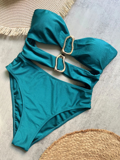 Teal bandeau one piece swimsuit with gold buckle rings – Sculpting swimwear women – FTF Market