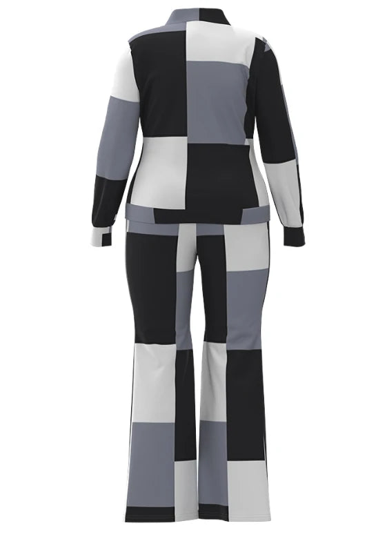 Geometric Print Two Piece Set – Stand collar, long sleeve zip-up top, casual sporty pants. Perfect for casual outings or sporty activities. Available on FTFmarket.net, fast delivery in the UK. Stay stylish with FTF Fashion and Mode FTF.