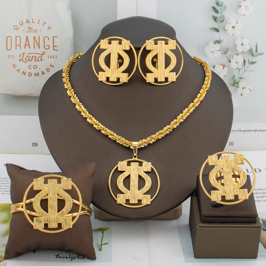 African gold jewelry set with necklace, earrings, bracelet and ring