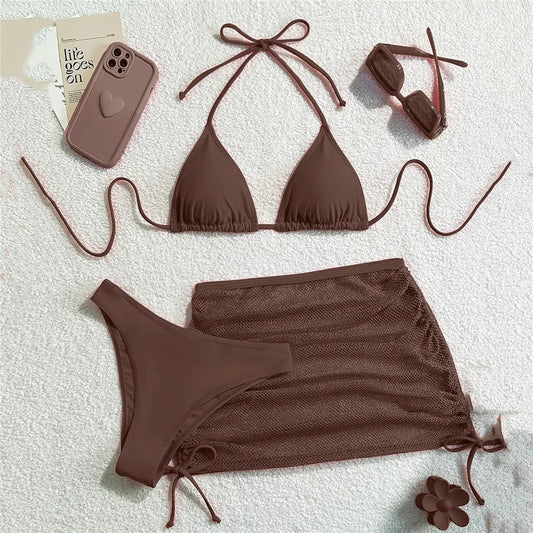 Brown 3-piece halter triangle bikini set with mesh skirt – Women swimwear – FTF Market