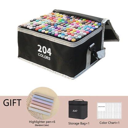 Set of 204 colorful markers in a black storage bag with additional items included. Pro Dual-Tip Alcohol Markers Set featuring fine and chisel tips, vibrant streak-free ink, ergonomic design for artists’ coloring and sketching projects UK.
