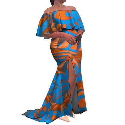 Woman wearing a blue and orange patterned off-shoulder dress on a white background