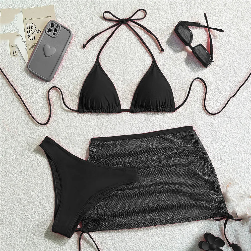 Black 3-piece halter bikini set with mesh skirt cover-up – Women beachwear UK – FTF Market
