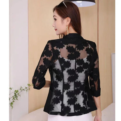  Floral embroidery blazer women black vintage style three-quarter sleeve jacket