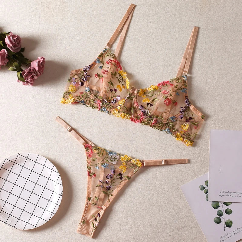 Floral Embroidery Lingerie Set – Push Up Bra & Brief