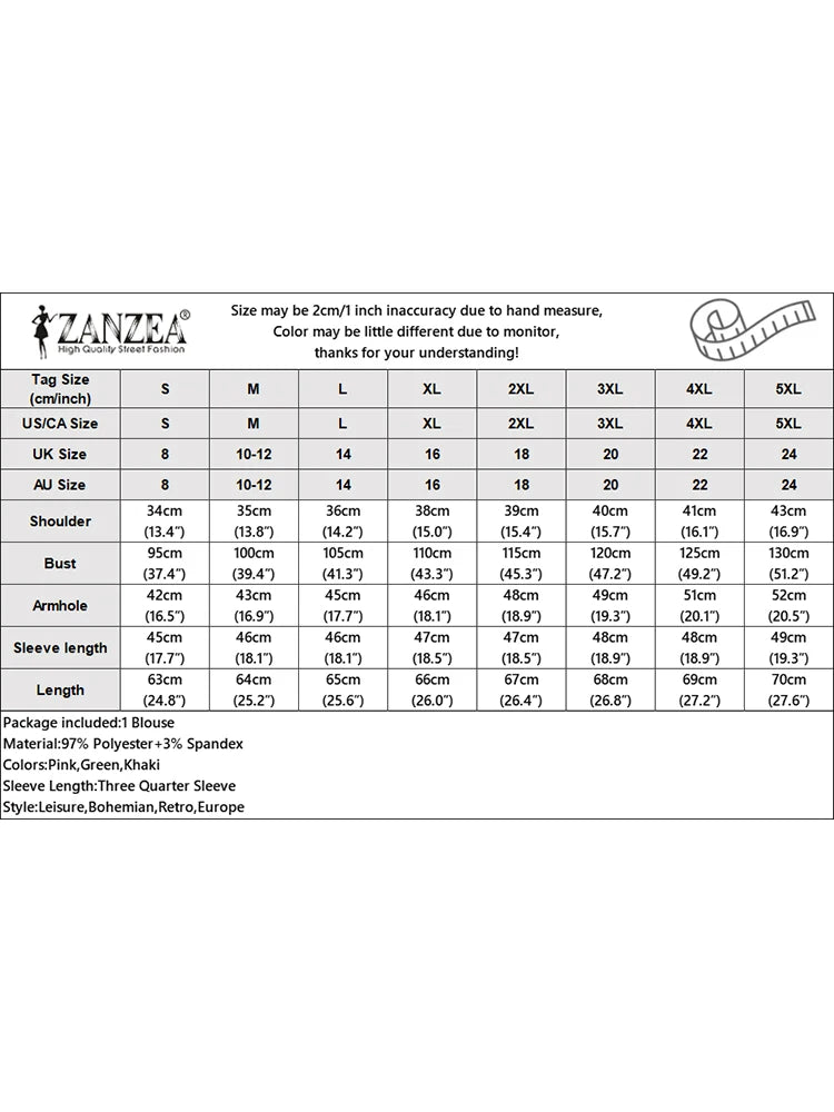 ZANZEA size chart for clothing with measurements in various units.