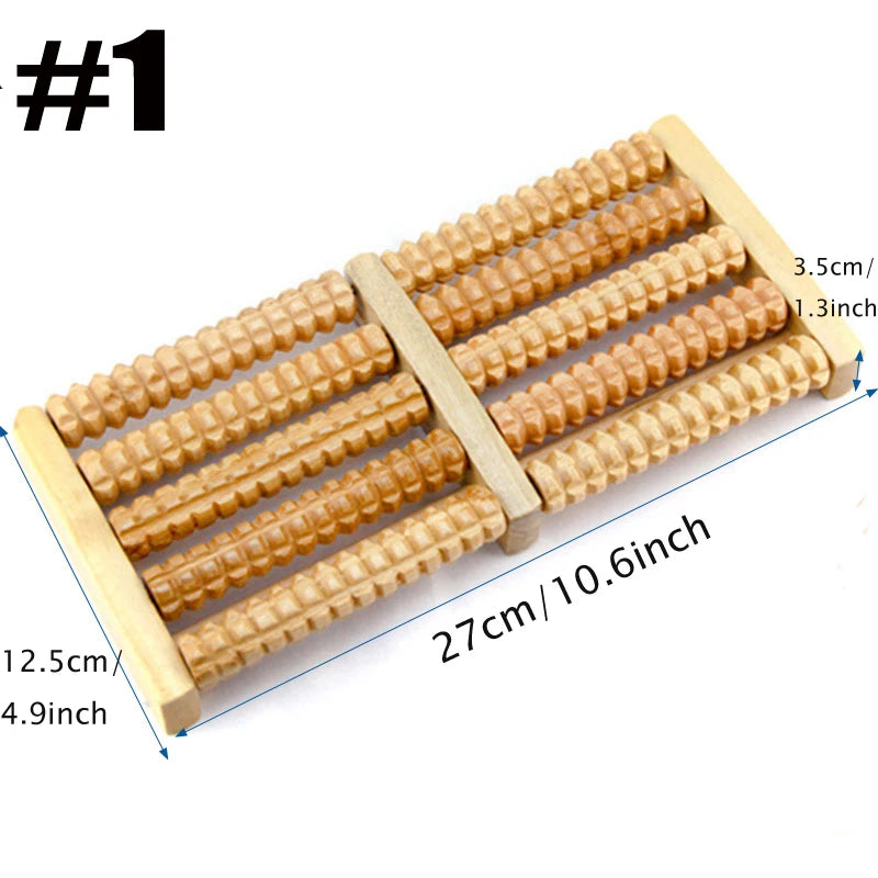 Wooden foot roller with measurements on a white background
