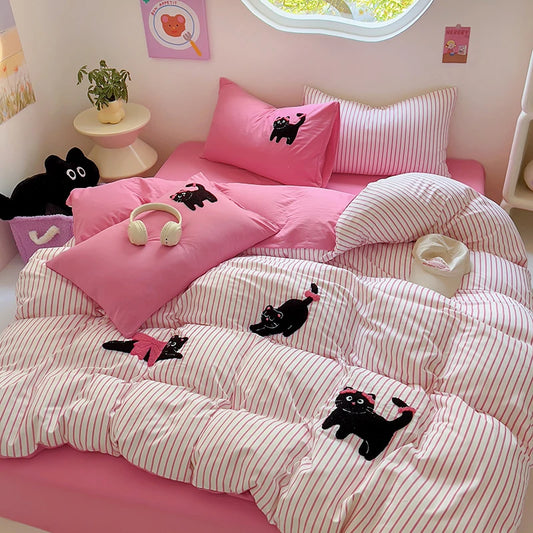 Cartoon Kawaii Cat Bedding Set in a styled kids' bedroom, close-ups of the cat design