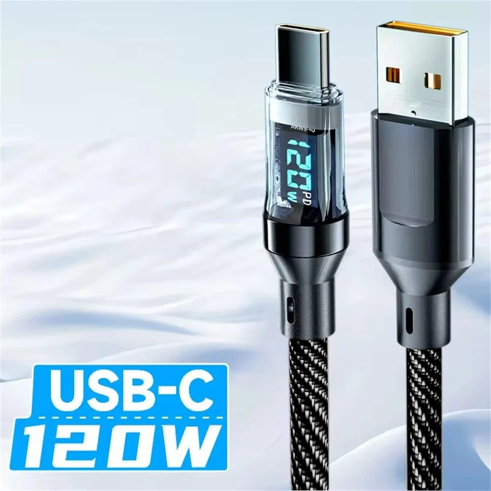 USB-C cable with digital display on a light blue background. 120W fast charge USB-A to Type-C cable, nylon braided with LED display. For Xiaomi, Samsung, Huawei. Fast charging and data sync.