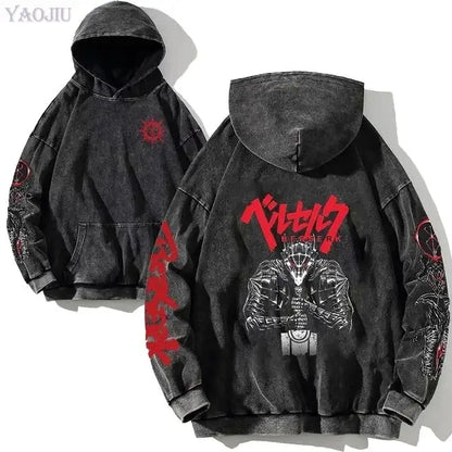 Anime hoodie plus size, gothic Harajuku, manga sweatshirt, washed denim, hip hop vintage, black pullover, Y2K streetwear.