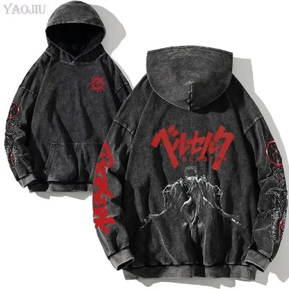 Anime hoodie plus size, gothic Harajuku, manga sweatshirt, washed denim, hip hop vintage, black pullover, Y2K streetwear.