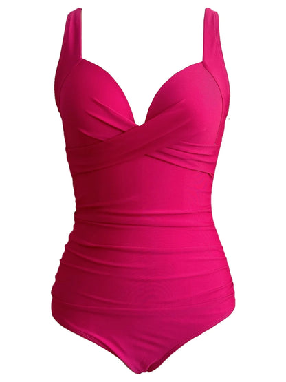 Rose red ruched one-piece swimsuit adjustable strap — women swimwear FTF Market UK